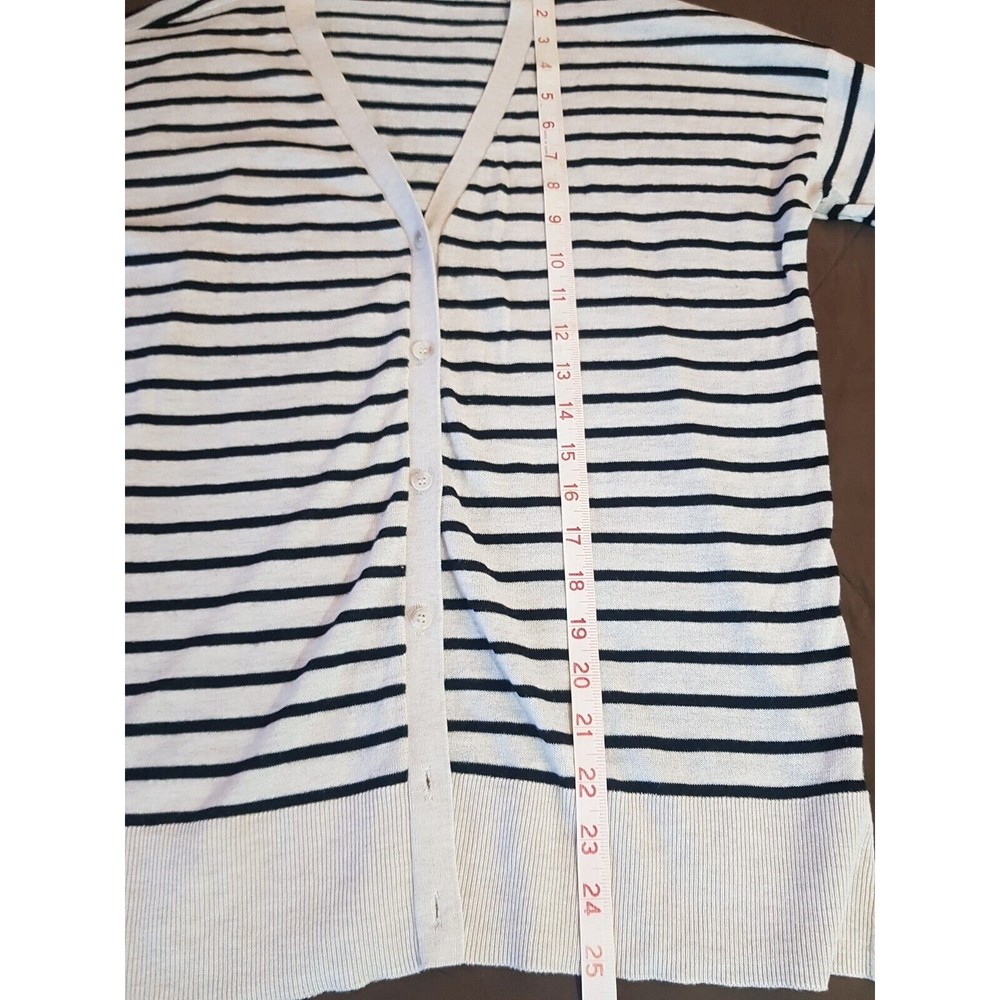 Loft Womens  Sweater Medium Cardigan Button Down Striped Beige Wool Blend Ribbed - Picture 11 of 12